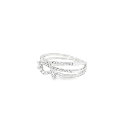 14k White Gold 0.33ct Baguette Cut and 0.11ct Pave-Set Round Brilliant Diamond in a Zigzag Ring