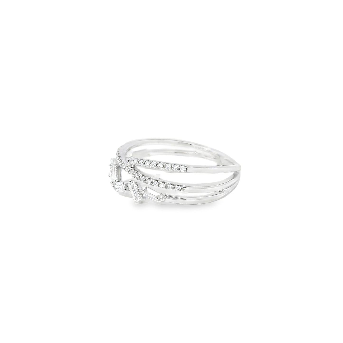 14k White Gold 0.33ct Baguette Cut and 0.11ct Pave-Set Round Brilliant Diamond in a Zigzag Ring