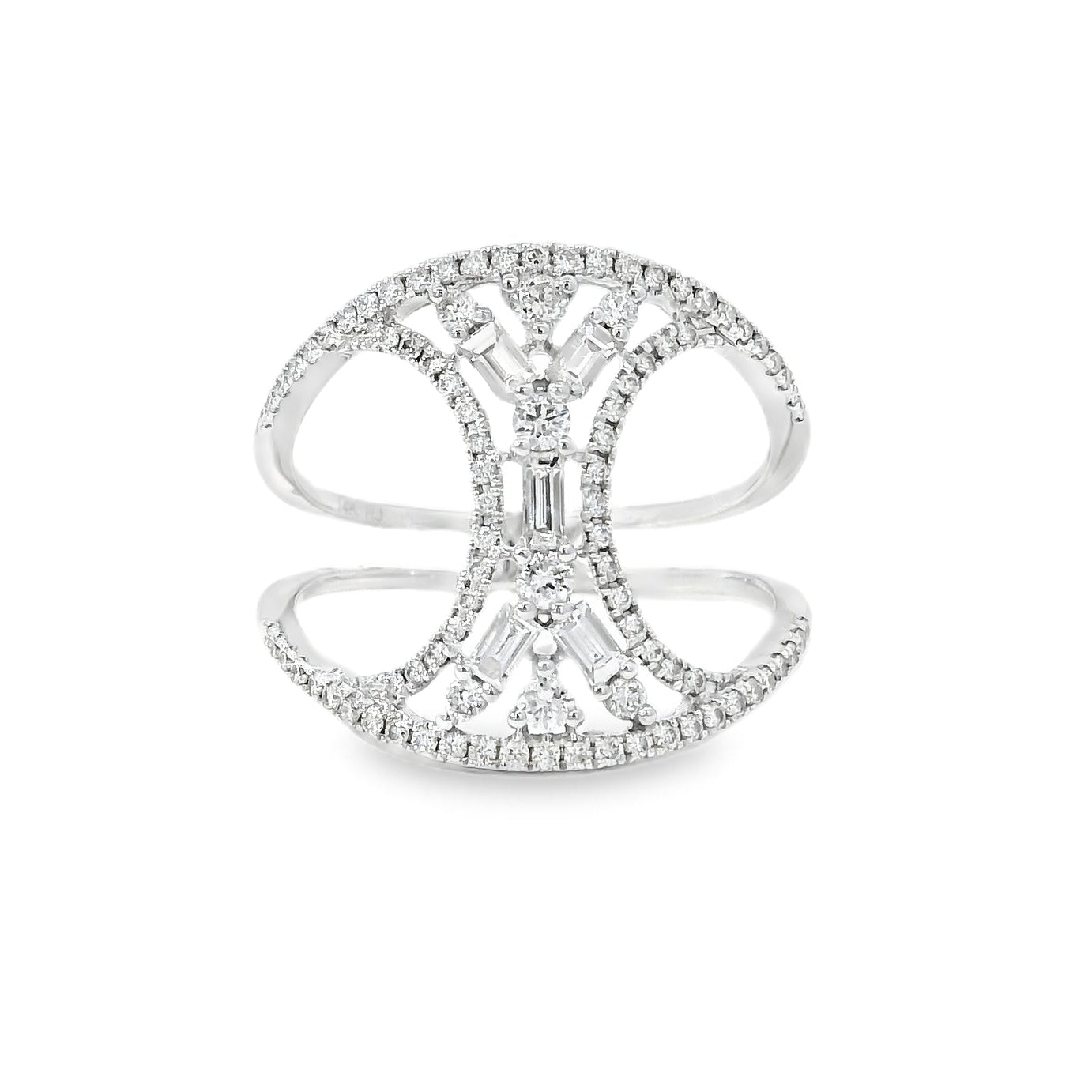 14k White Gold 0.17ct Baguette Cut and 0.31ct Round Brilliant Diamonds Split Shank Ring