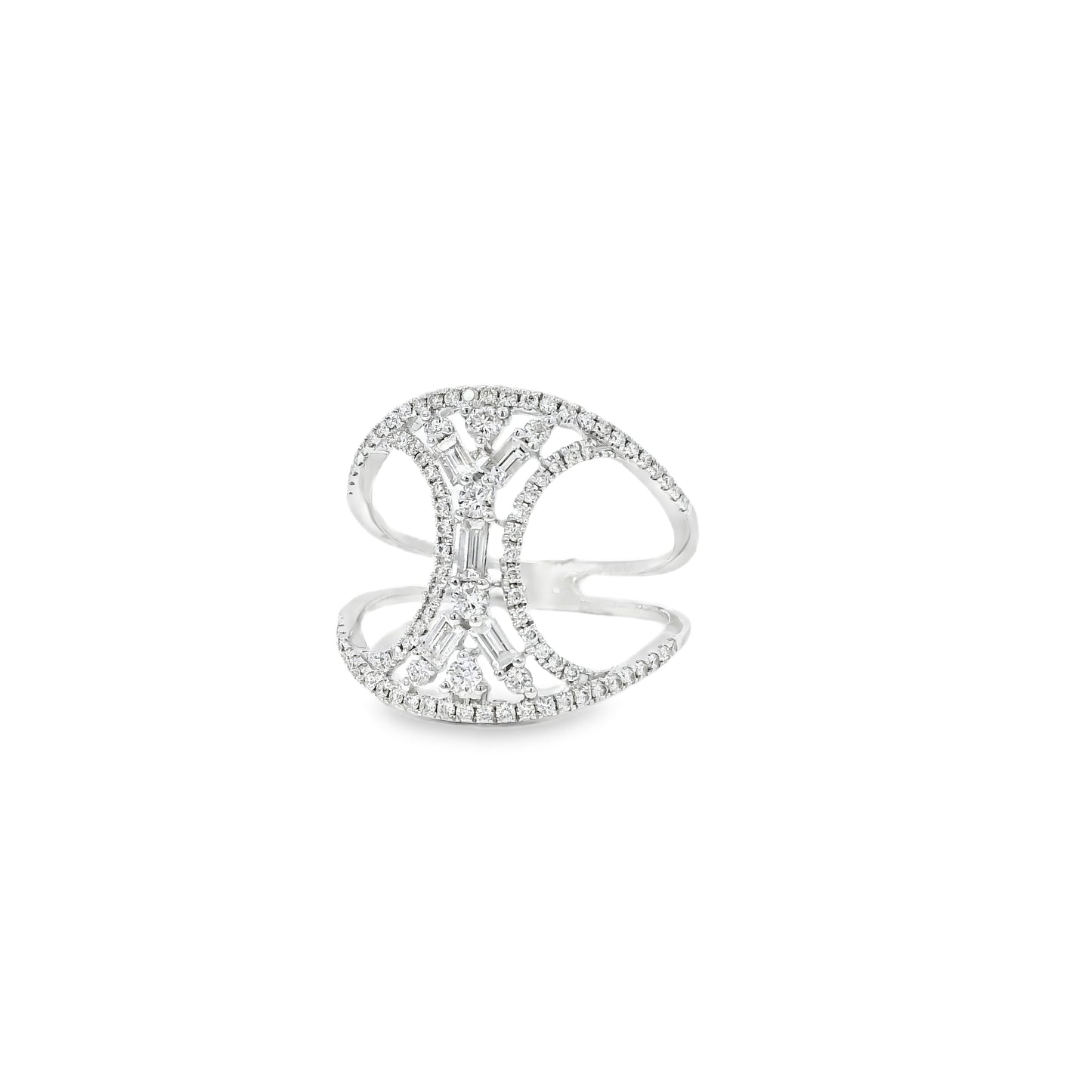 14k White Gold 0.17ct Baguette Cut and 0.31ct Round Brilliant Diamonds Split Shank Ring