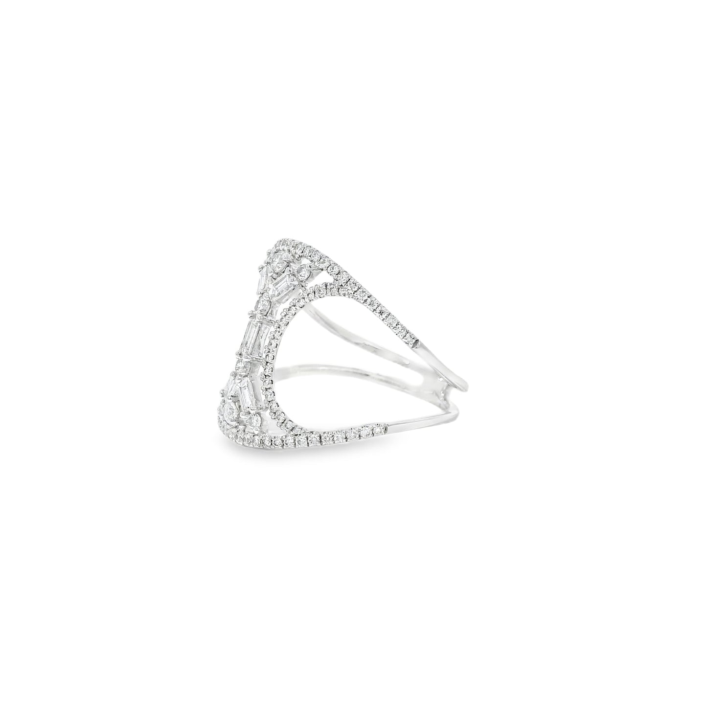 14k White Gold 0.17ct Baguette Cut and 0.31ct Round Brilliant Diamonds Split Shank Ring