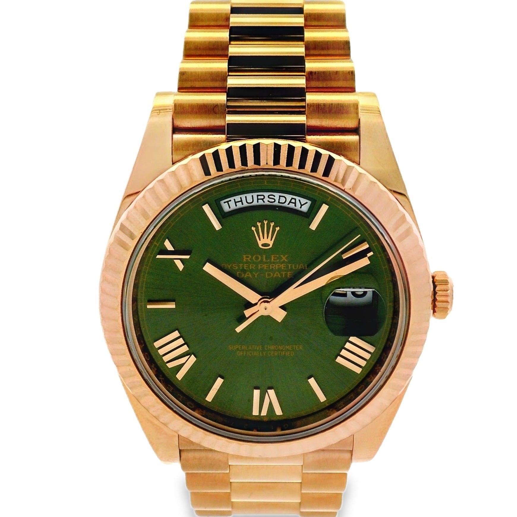 Rolex Rose Gold With Green Roman Dial 