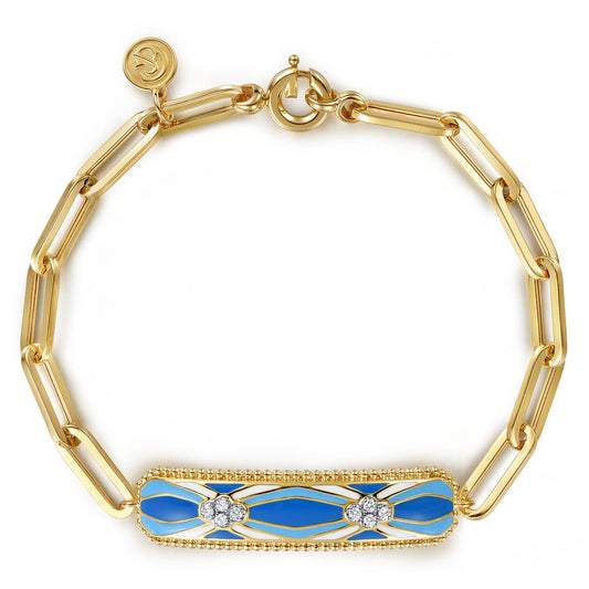 14K White and Yellow Gold Bujukan Diamond Bracelet with Blue and Dust Blue and White Enamel — Gabriel & Co. TB103-7EMM45JJ