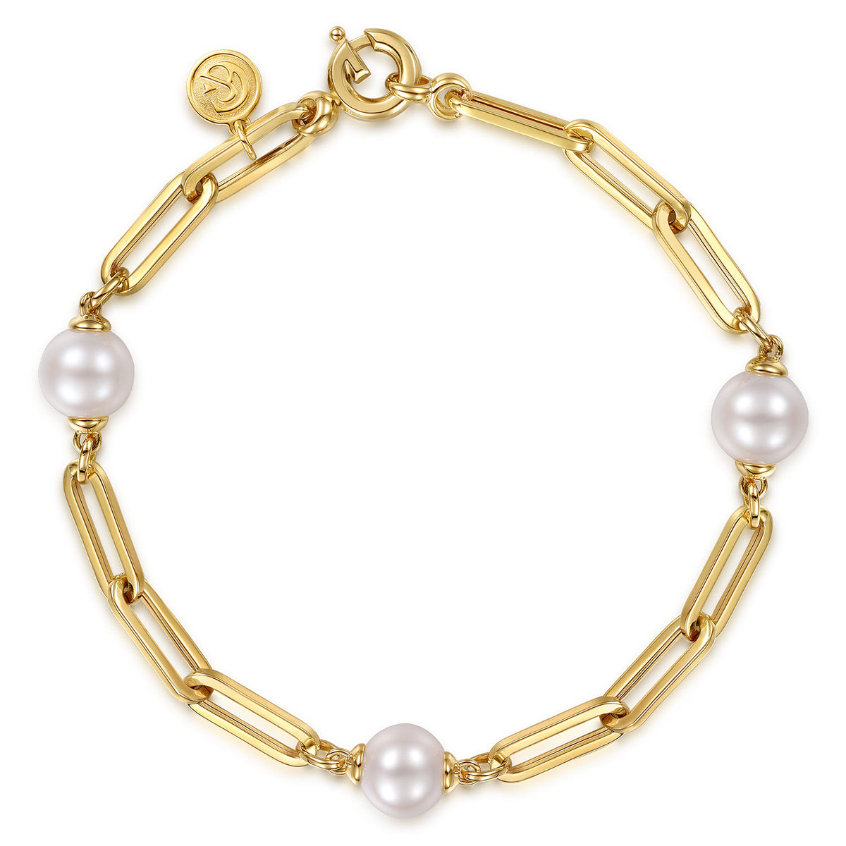 14K Yellow Gold Pearl and Hollow Link Station Chain Bracelet — Gabriel & Co. TB5326-75Y4JPL