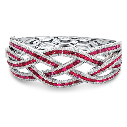 7+ Carat Ruby and Diamond Multi-Row Crossover Bangle in White Gold — view 1