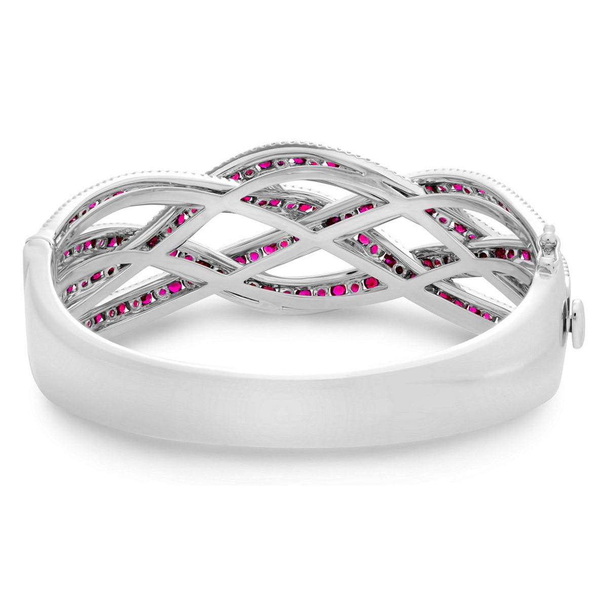 7+ Carat Ruby and Diamond Multi-Row Crossover Bangle in White Gold — view 2