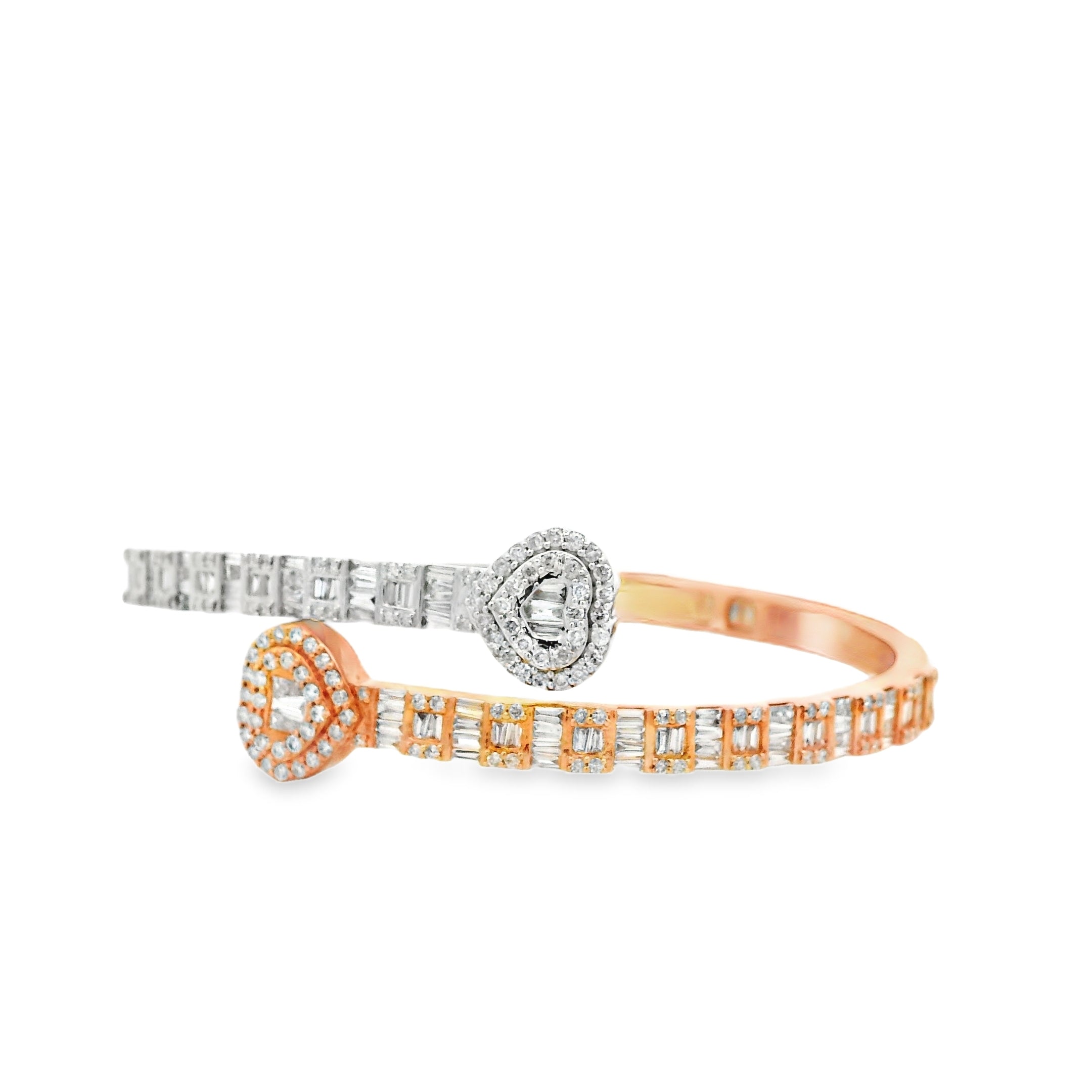 10k Rose and White Gold 3.20ctw Round and Baguette Diamond Heart Bangle Bracelet