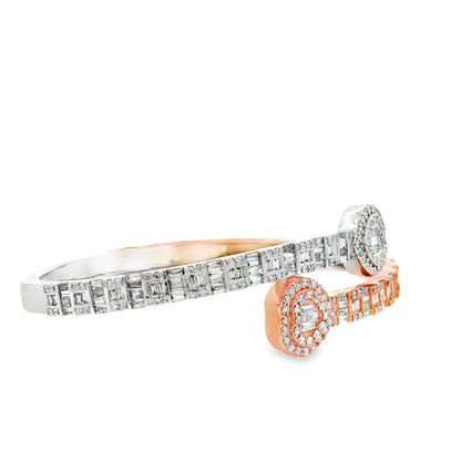 10k Rose and White Gold 3.20ctw Round and Baguette Diamond Heart Bangle Bracelet