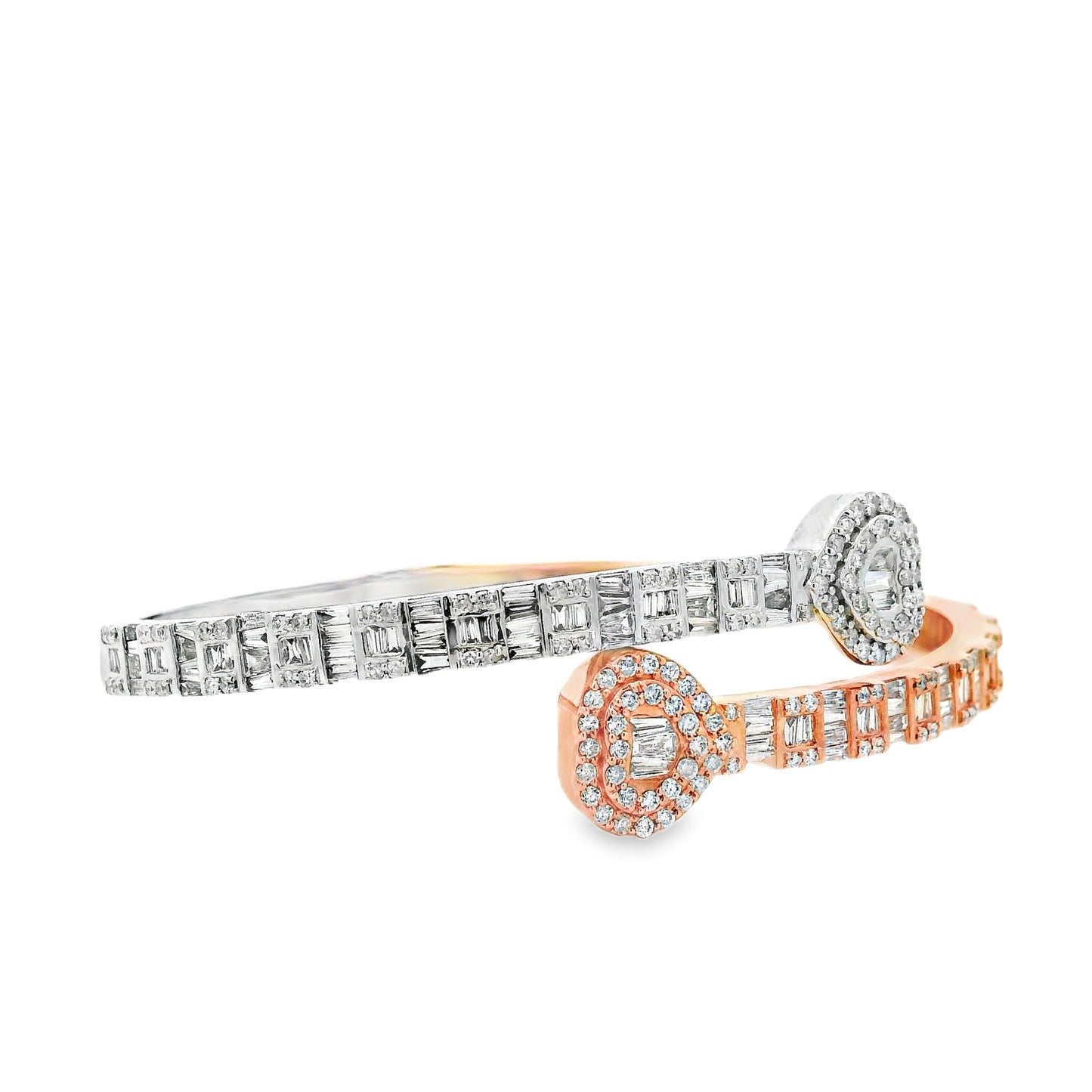 10k Rose and White Gold 3.20ctw Round and Baguette Diamond Heart Bangle Bracelet