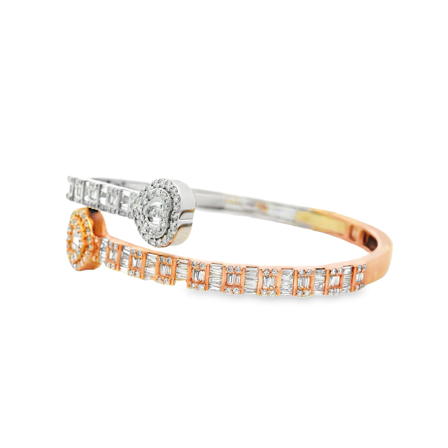 10k Rose and White Gold 3.20ctw Round and Baguette Diamond Heart Bangle Bracelet