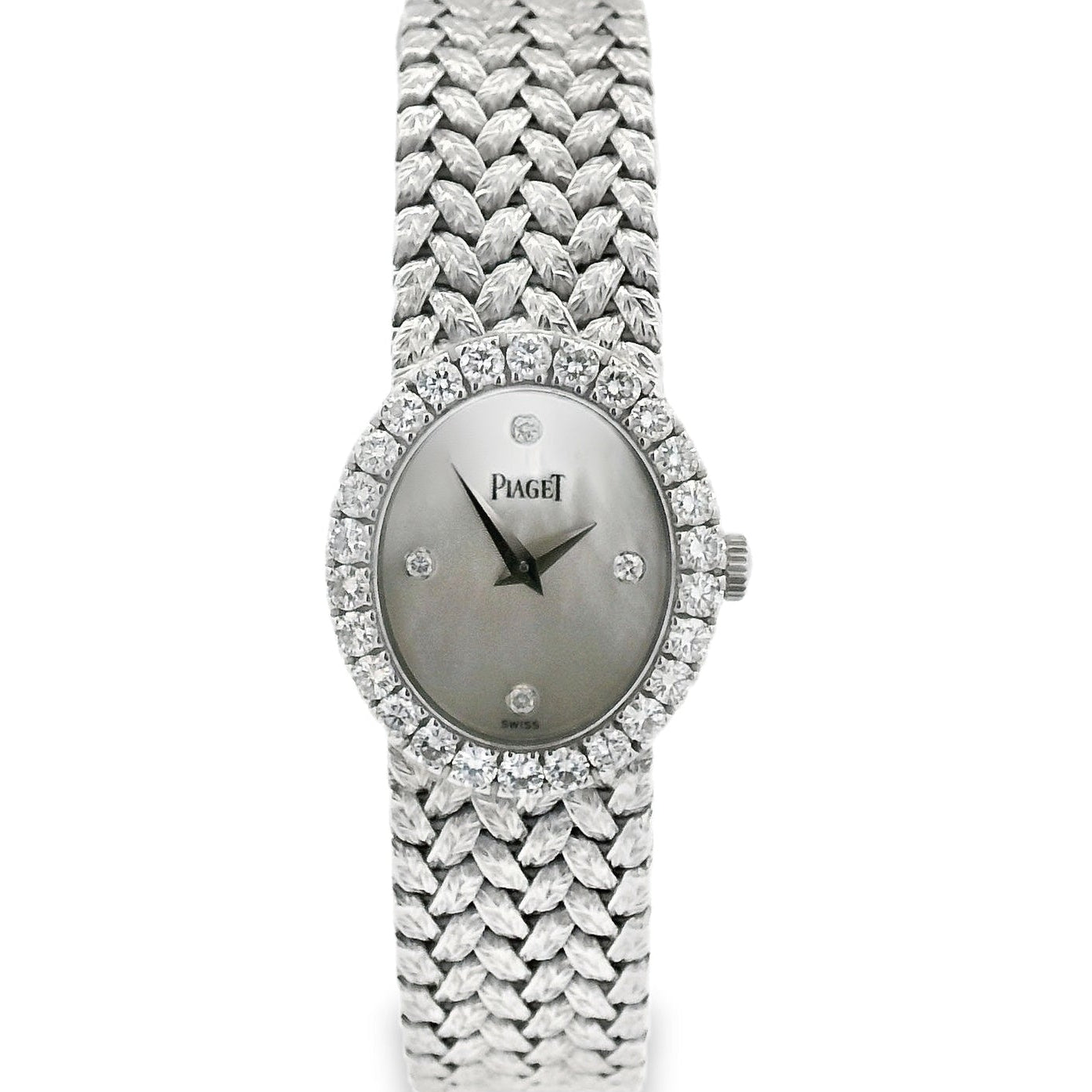 Silver watch with diamond-studded bezel on a white background