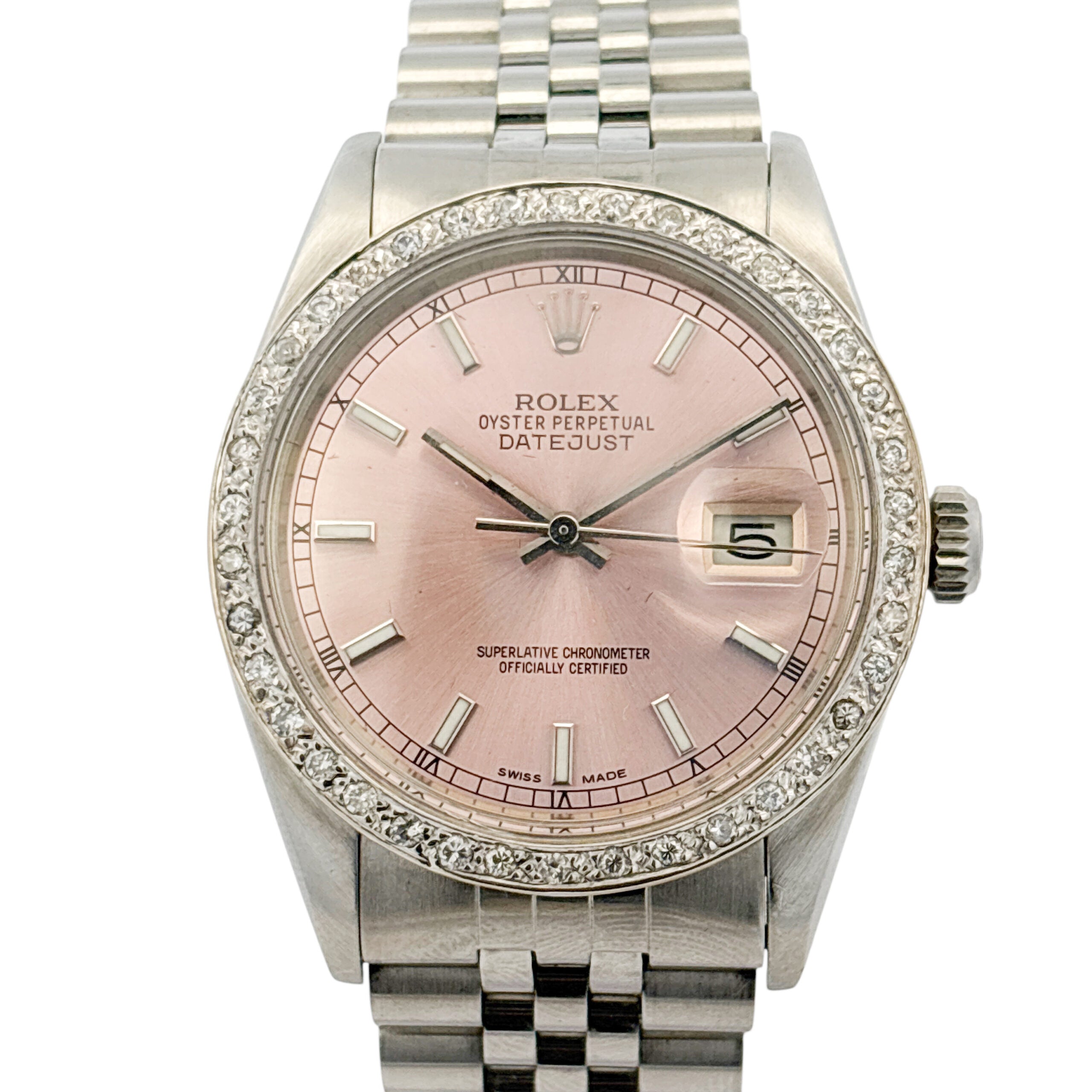 Rolex 16014 Datejust 36mm Stainless Steel Aftermarket Pink Diamond Dial and Bezel Watch