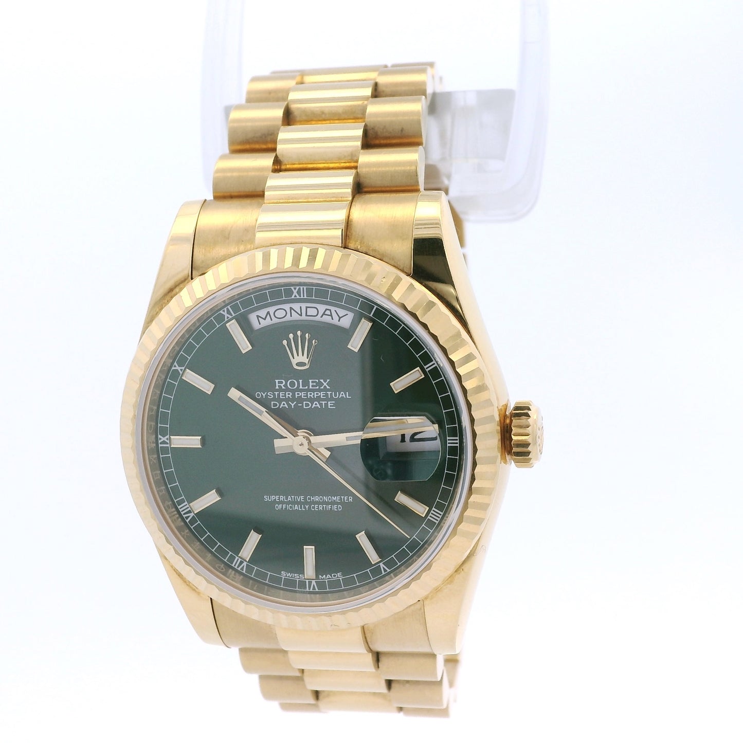 Rolex 118238 Day-Date 18k yellow gold green dial presidential watch