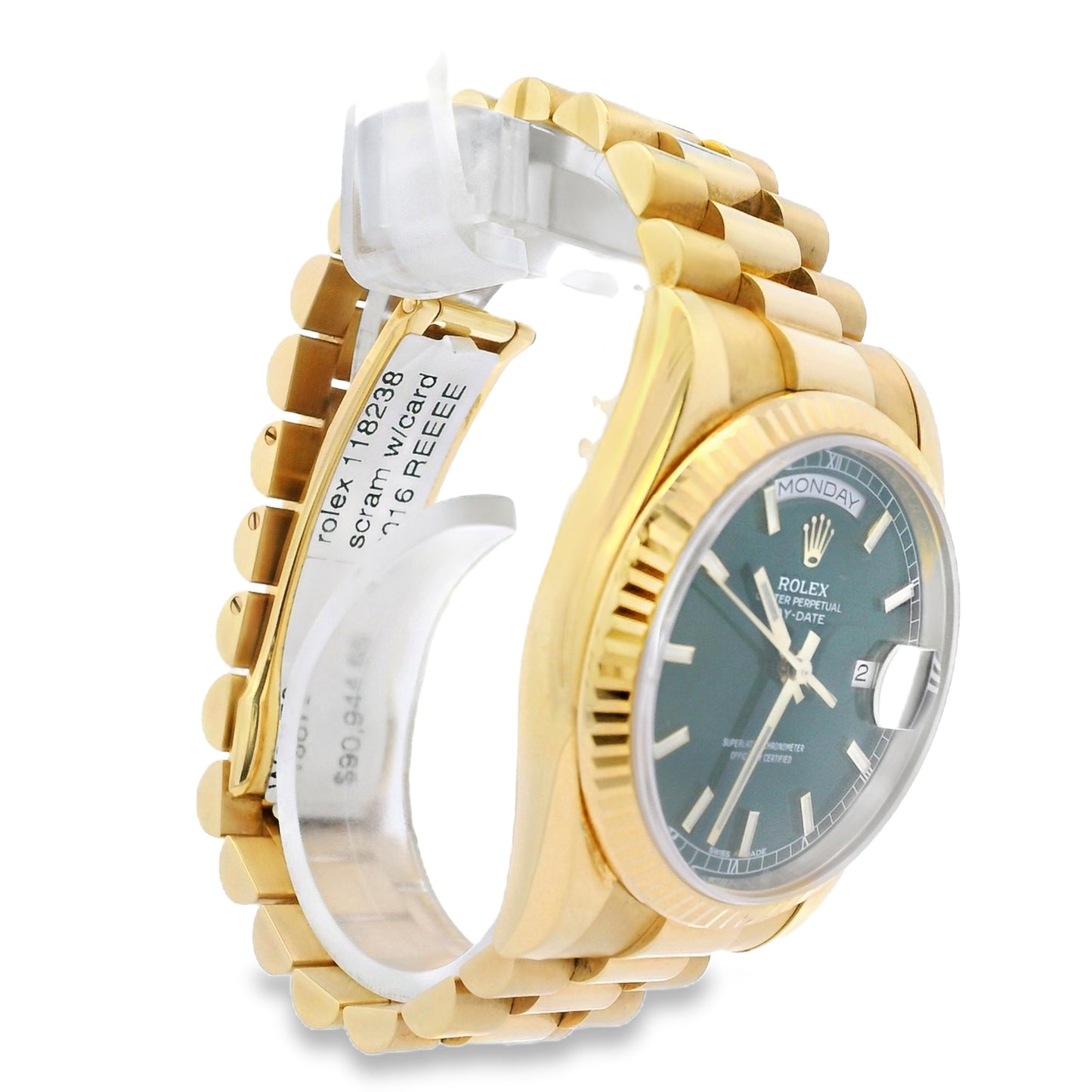 Rolex 118238 Day-Date 18k yellow gold green dial presidential watch