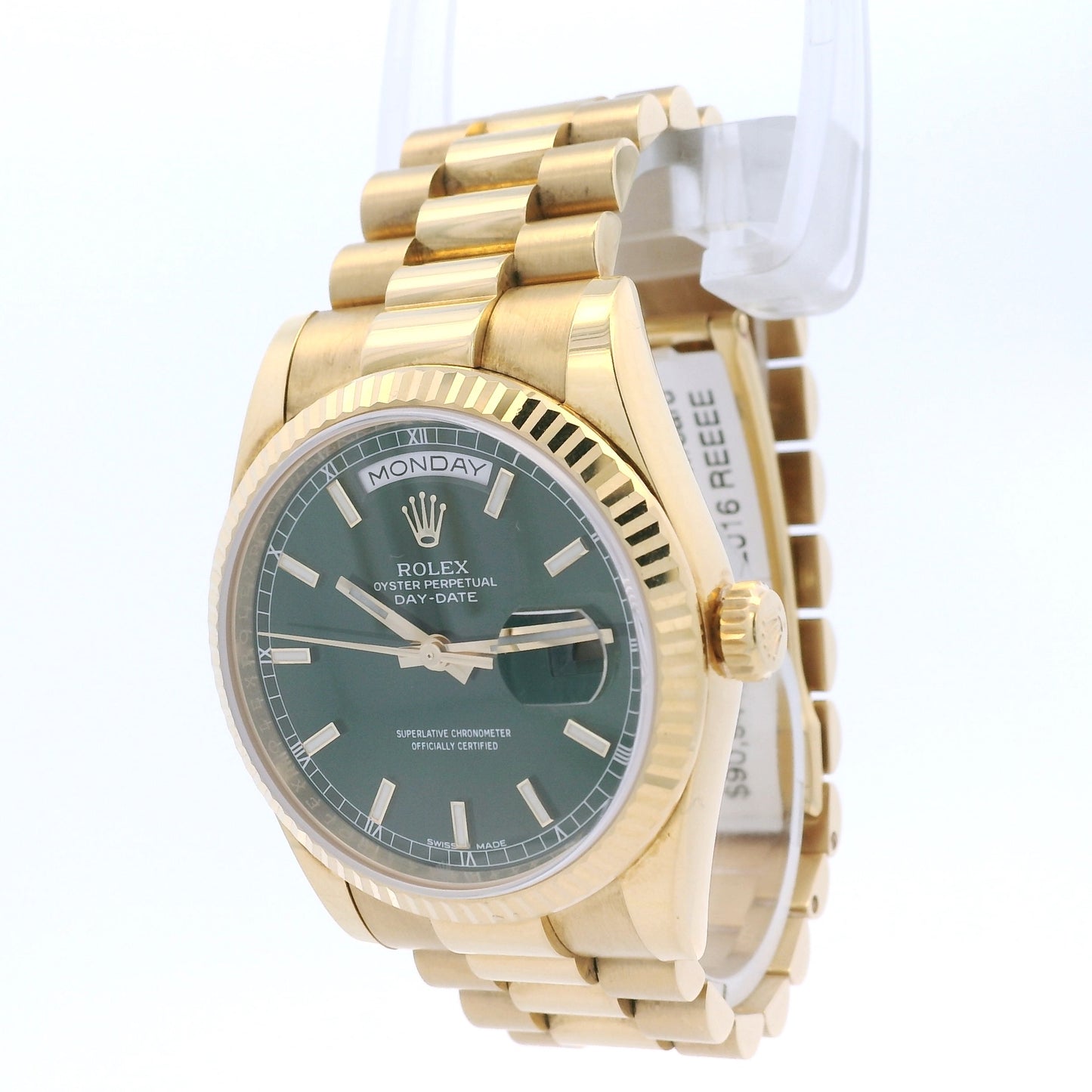 Rolex 118238 Day-Date 18k yellow gold green dial presidential watch