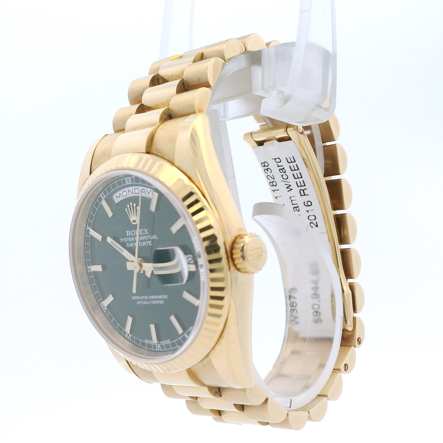 Rolex 118238 Day-Date 18k yellow gold green dial presidential watch