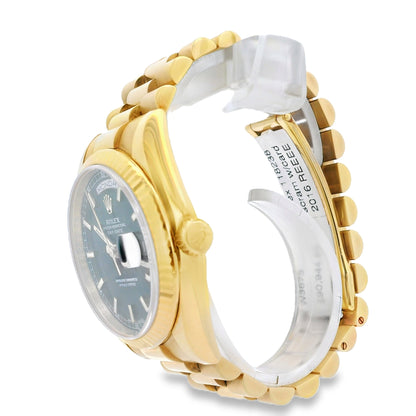 Rolex 118238 Day-Date 18k yellow gold green dial presidential watch