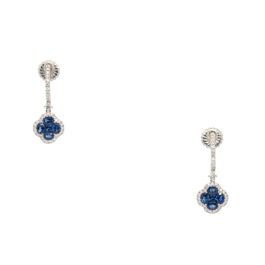 18k White Gold 1.94ctw Sapphire Clover and 0.54ctw Diamond Dangle Earrings