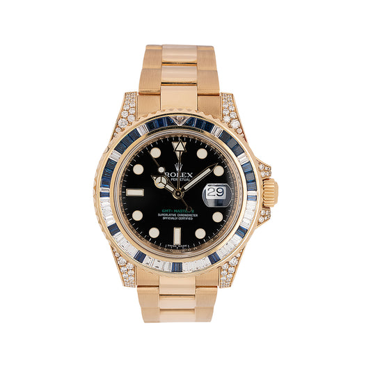 Rolex 116758SA GMT-Master II 18k Yellow Gold Diamond & Sapphire Watch