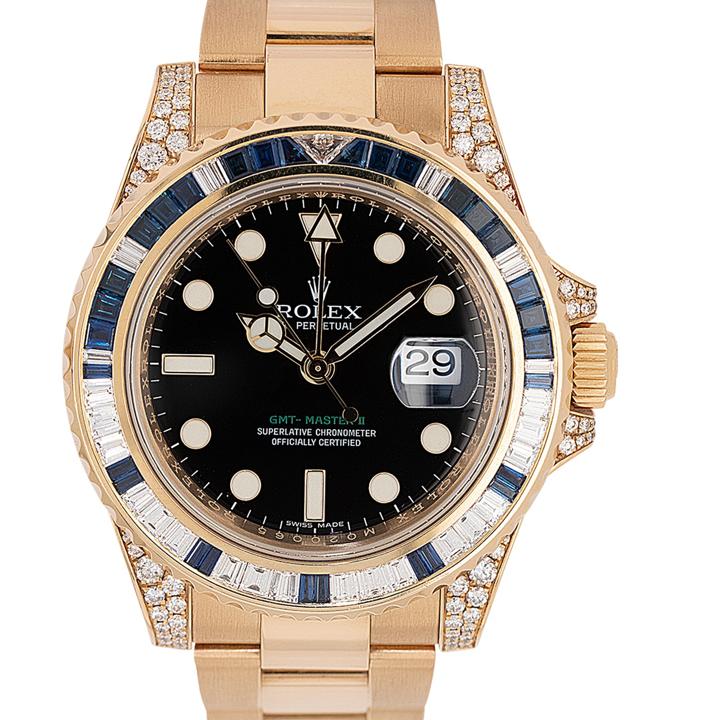 Rolex 116758SA GMT-Master II 18k Yellow Gold Diamond & Sapphire Watch