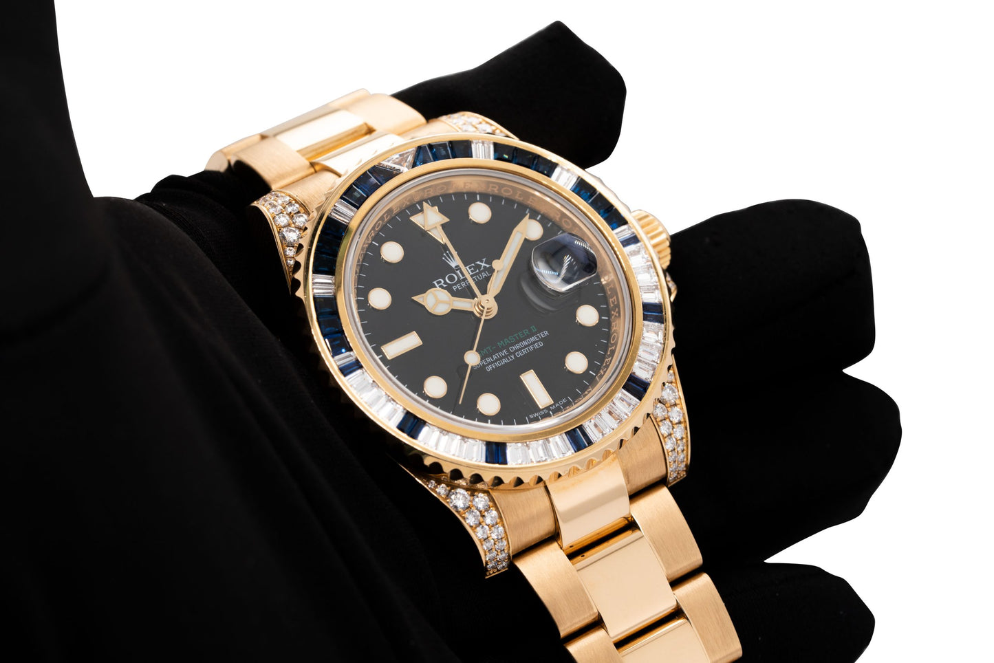 Rolex 116758SA GMT-Master II 18k Yellow Gold Diamond & Sapphire Watch