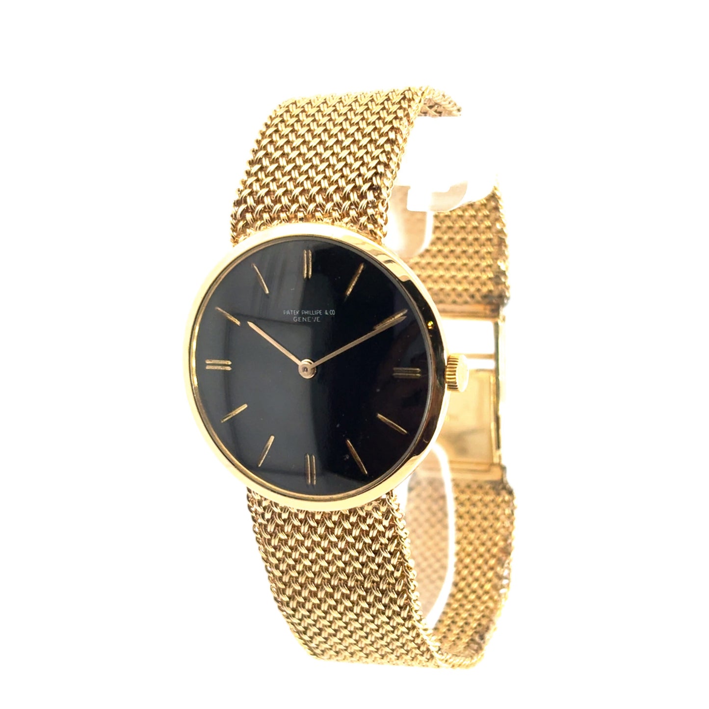 Patek Phillipe 18k Yellow Gold Vintage Black Dial Aftermarket 14k Soldered on Bracelet