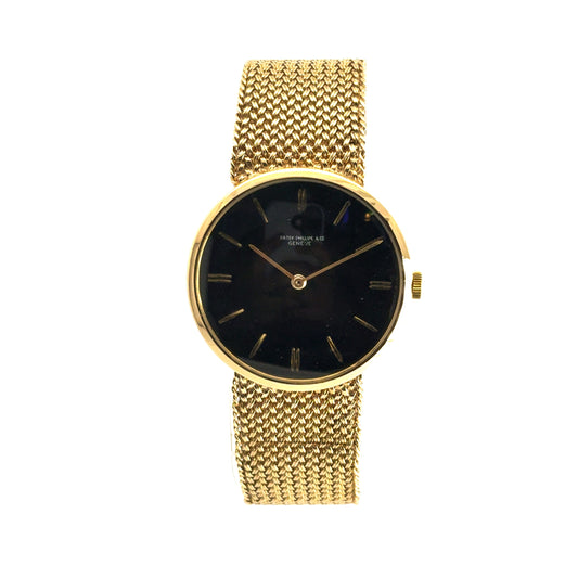 Patek Phillipe 18k Yellow Gold Vintage Black Dial Aftermarket 14k Soldered on Bracelet
