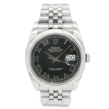 Rolex 116234 Datejust Stainless Steel and 18k White Gold Bezel Factory Black Dial 36mm Watch