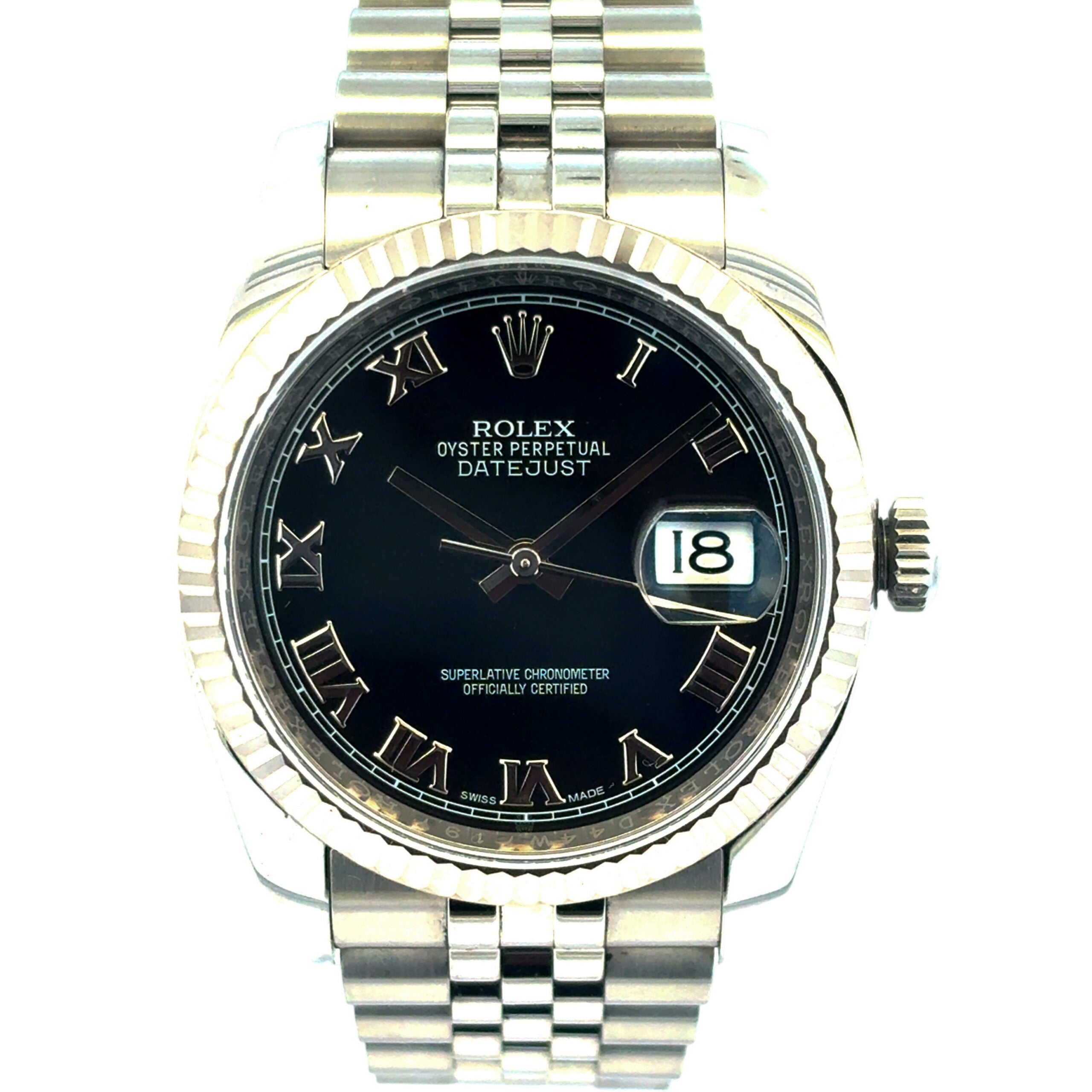 Rolex 116234 Datejust Stainless Steel and 18k White Gold Bezel Factory Black Dial 36mm Watch