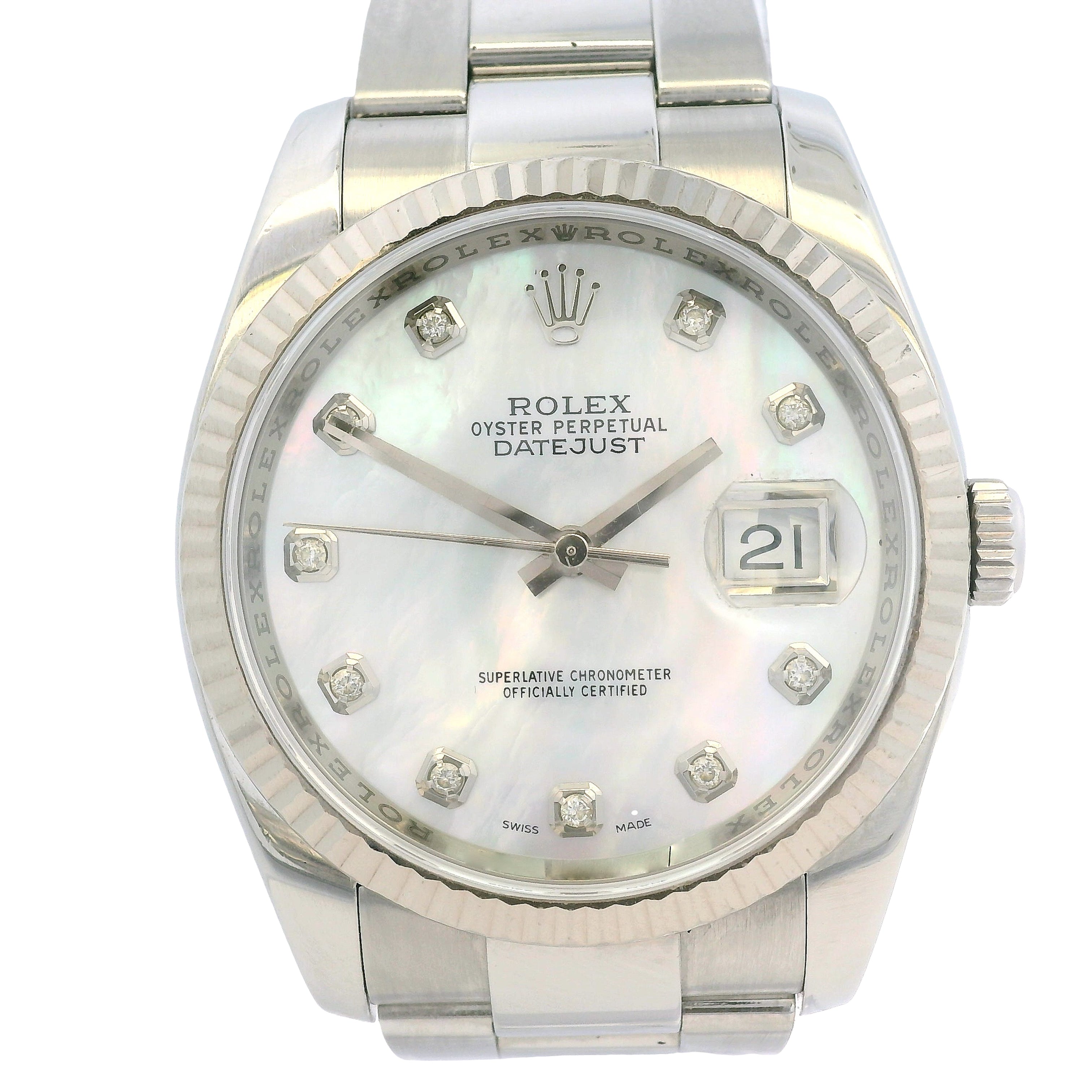 Rolex Datejust 116200 Stainless Steel 36mm Aftermarket Mother of Pearl Diamond Dial Watch