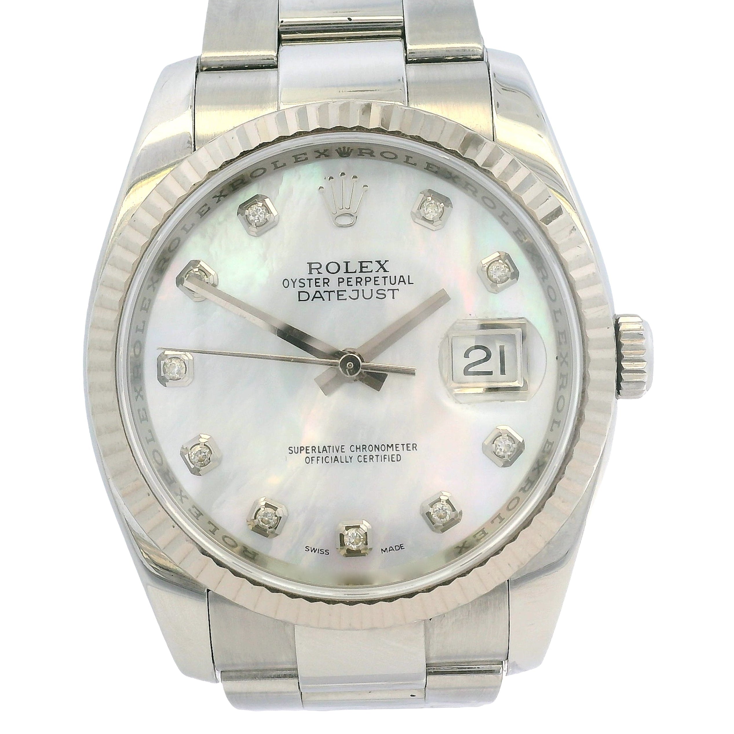 Rolex Datejust 116200 Stainless Steel 36mm Aftermarket Mother of Pearl Diamond Dial Watch