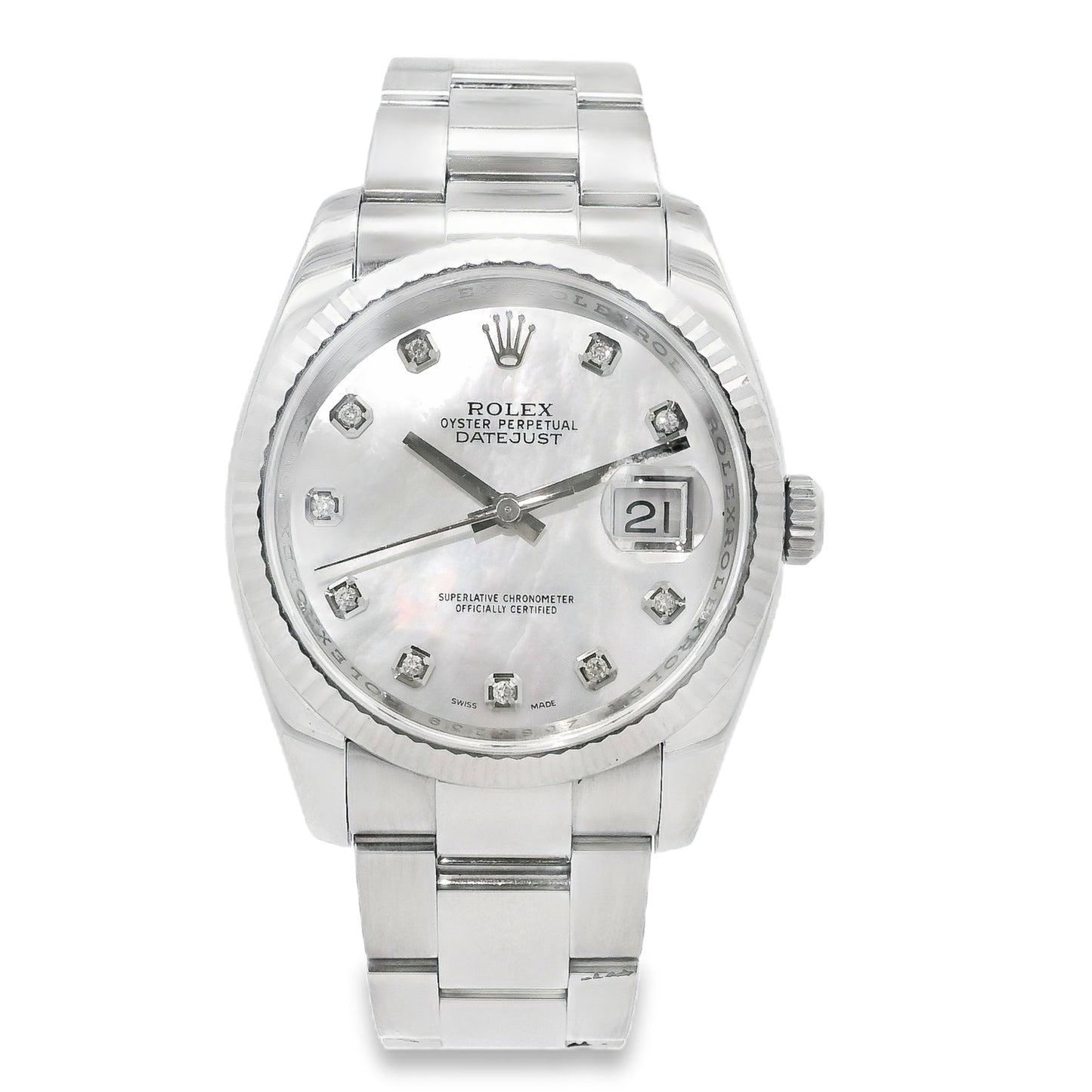 Rolex Datejust 116200 Stainless Steel 36mm Aftermarket Mother of Pearl Diamond Dial Watch