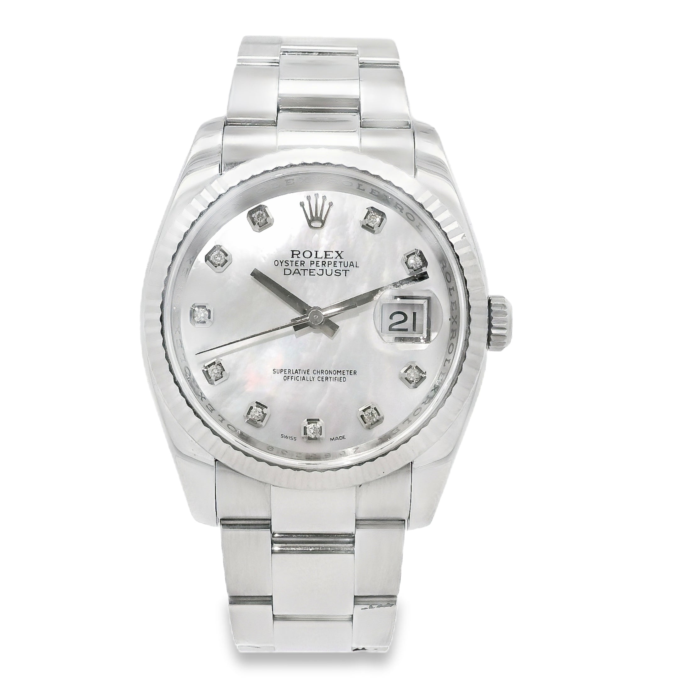 Rolex Datejust 116200 Stainless Steel 36mm Aftermarket Mother of Pearl Diamond Dial Watch