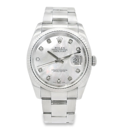 Rolex Datejust 116200 Stainless Steel 36mm Aftermarket Mother of Pearl Diamond Dial Watch