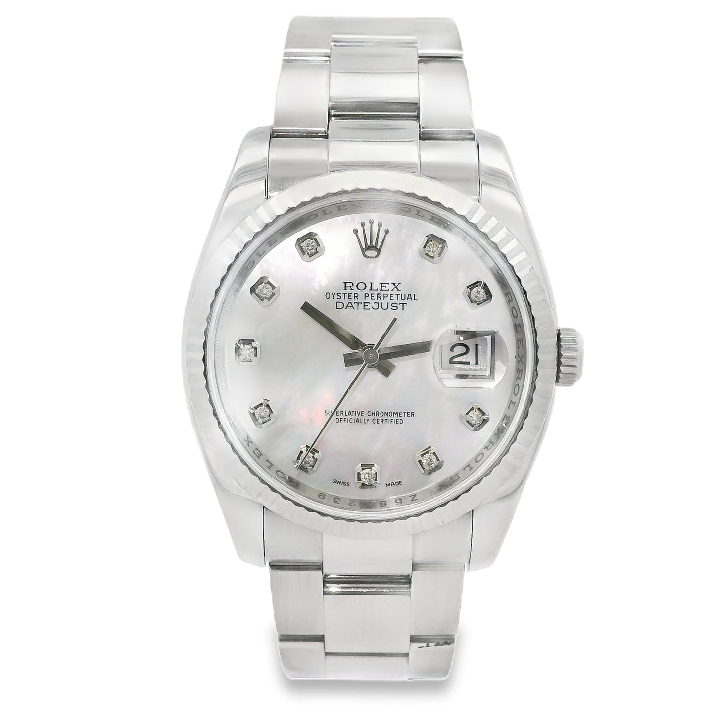 Rolex Datejust 116200 Stainless Steel 36mm Aftermarket Mother of Pearl Diamond Dial Watch