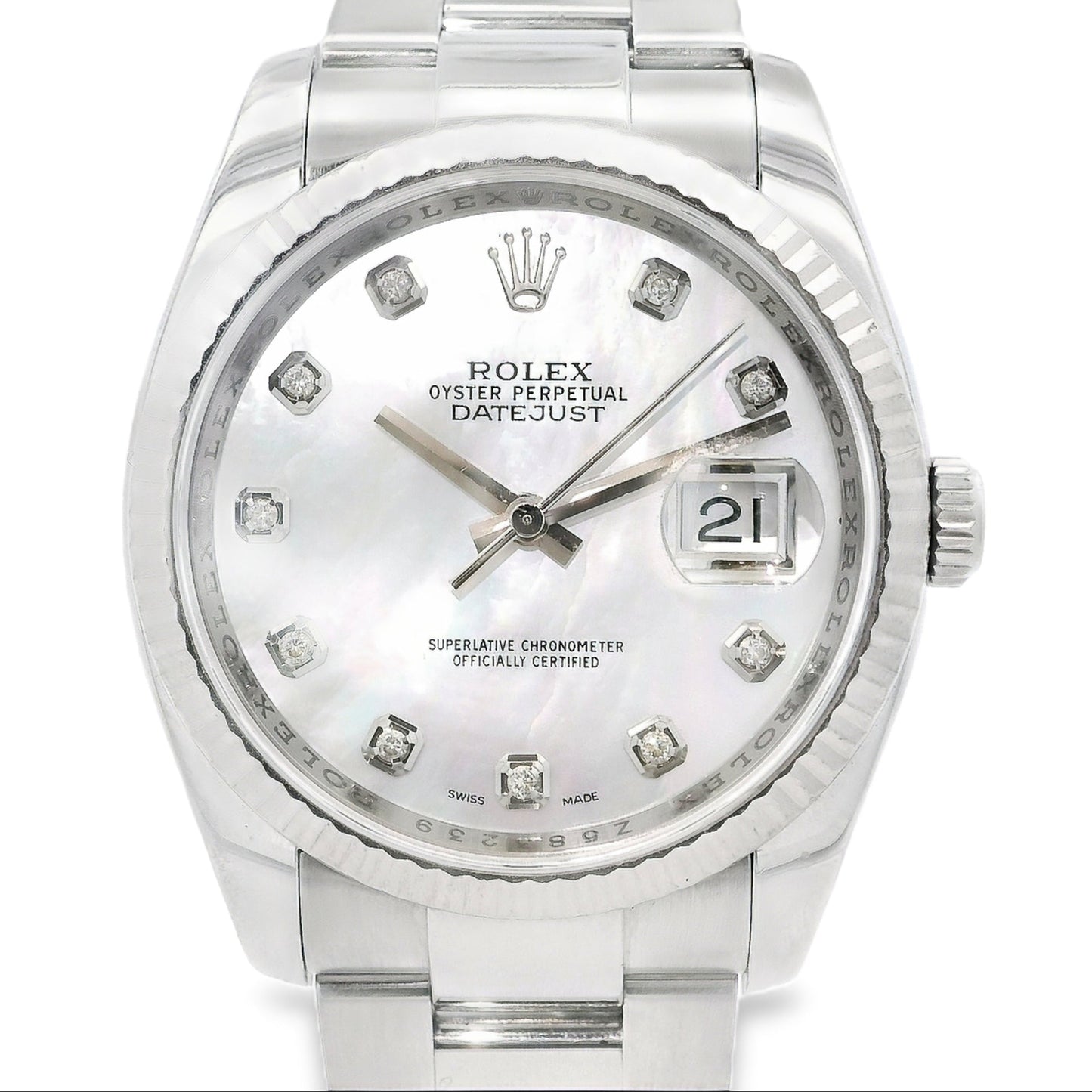 Rolex Datejust 116200 Stainless Steel 36mm Aftermarket Mother of Pearl Diamond Dial Watch