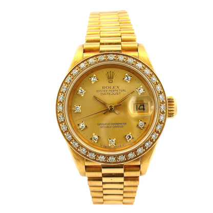 Vintage Rolex 69178 Datejust 18k Yellow Gold Diamond Bezel Diamond Dial Ladies Watch