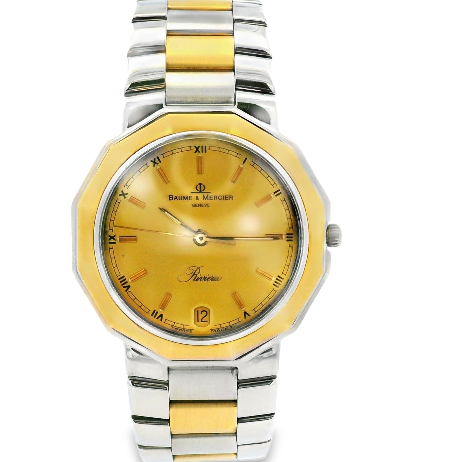 Two-tone watch with gold and silver band on a white background