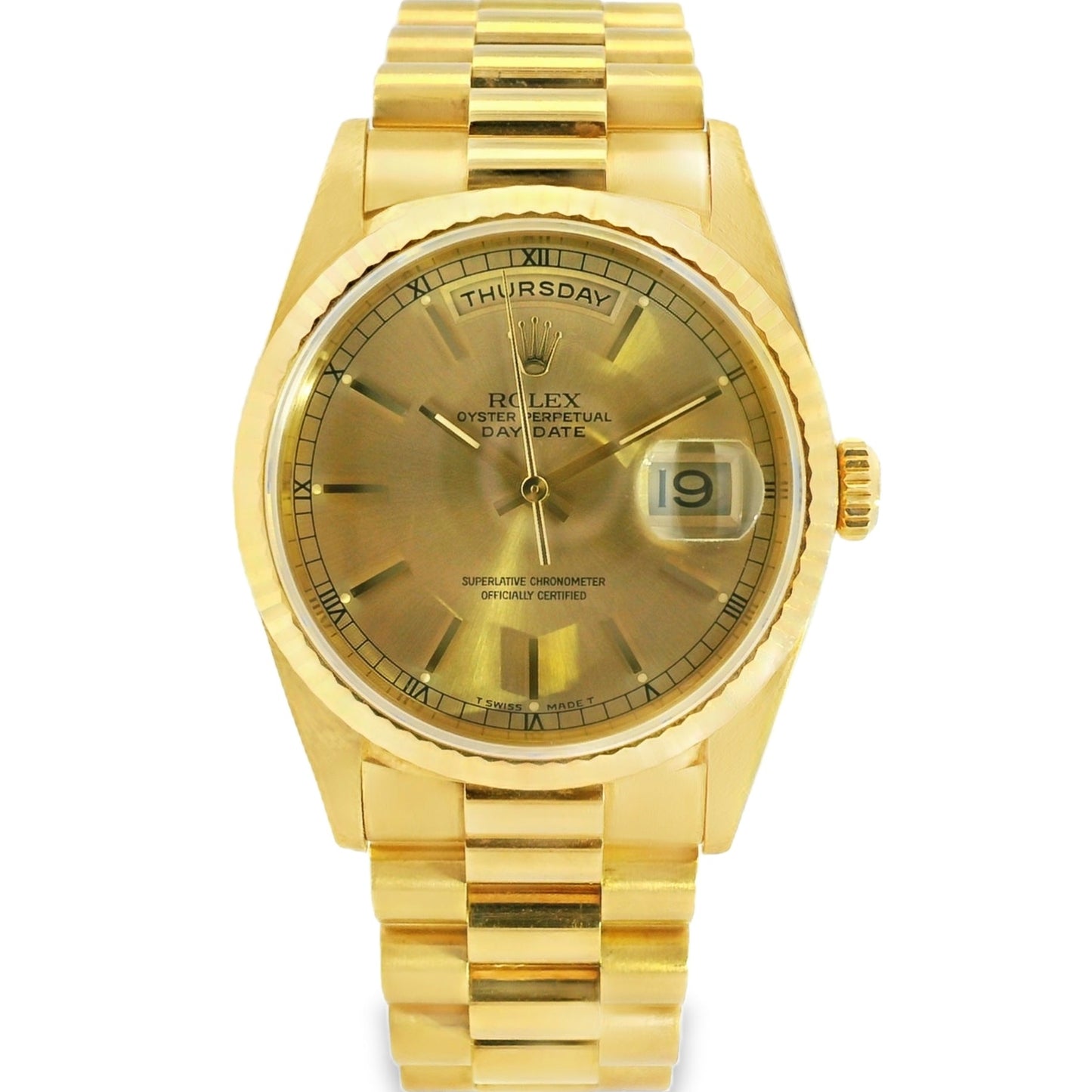Rolex 18238 18k Yellow Gold Fluted Bezel 36mm Champagne Dial Watch