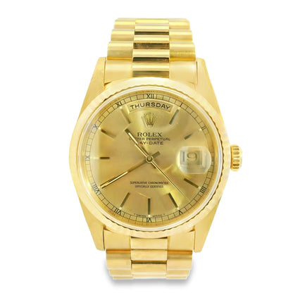 Rolex 18238 18k Yellow Gold Fluted Bezel 36mm Champagne Dial Watch