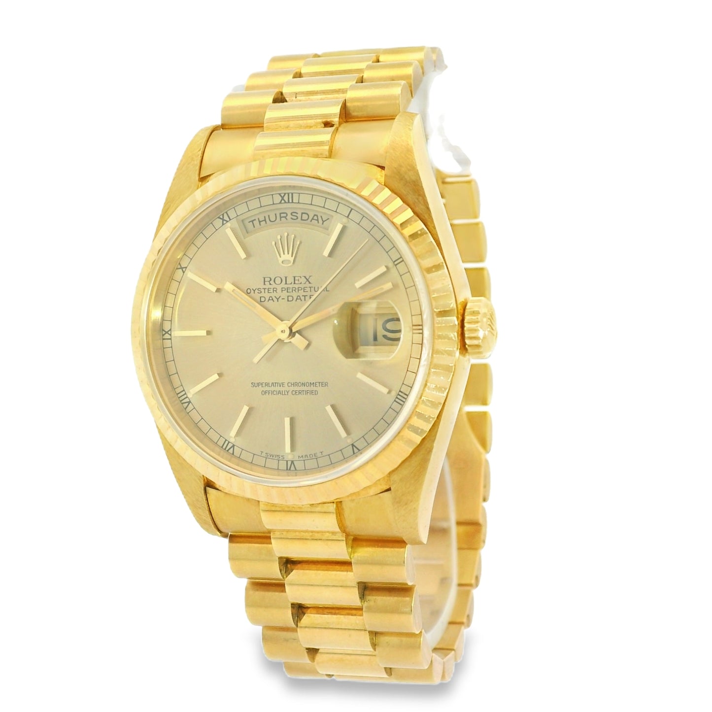 Rolex 18238 18k Yellow Gold Fluted Bezel 36mm Champagne Dial Watch