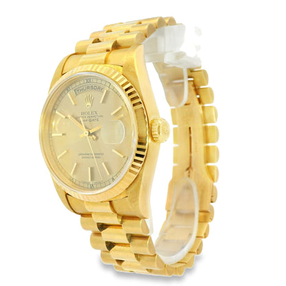 Rolex 18238 18k Yellow Gold Fluted Bezel 36mm Champagne Dial Watch