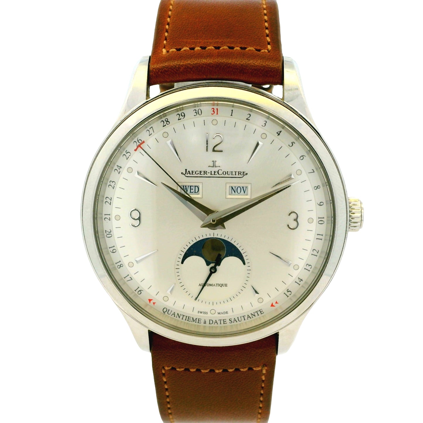 Watch with brown leather strap and silver case on a white background