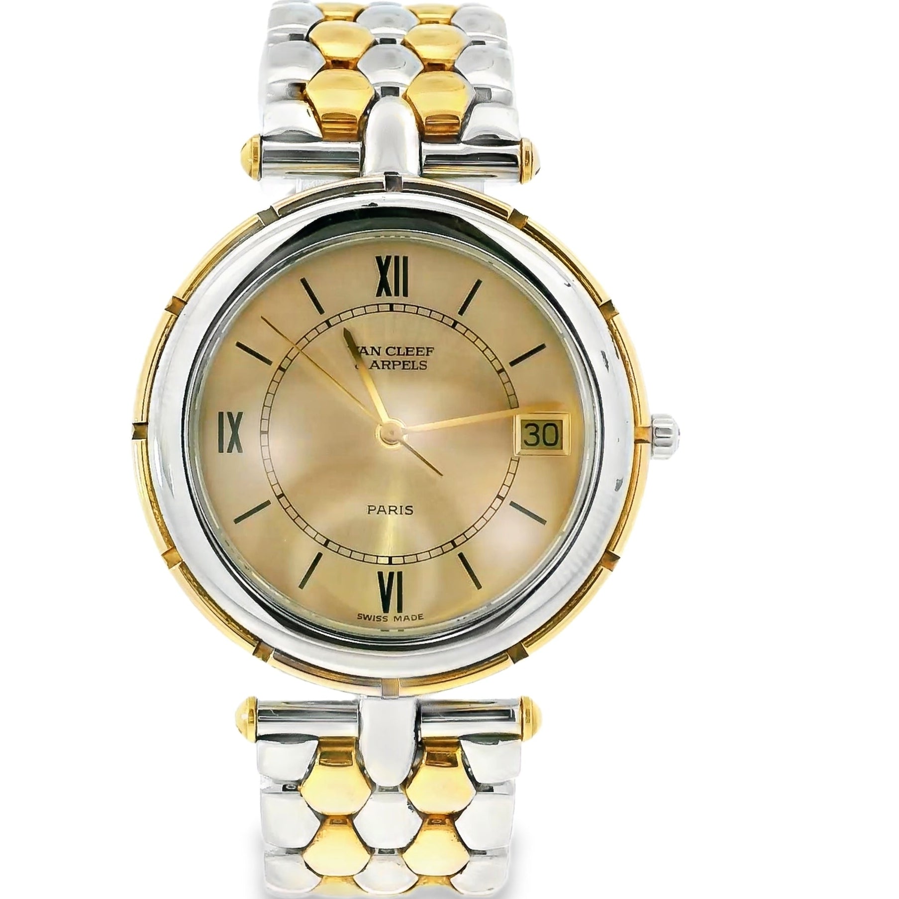Two-tone watch with gold and silver band on a white background