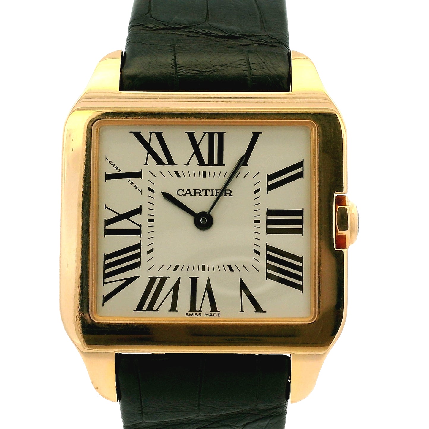 Cartier Santos Dumont 18k Rose Gold Quartz Roman Dial on Black Leather Band Watch