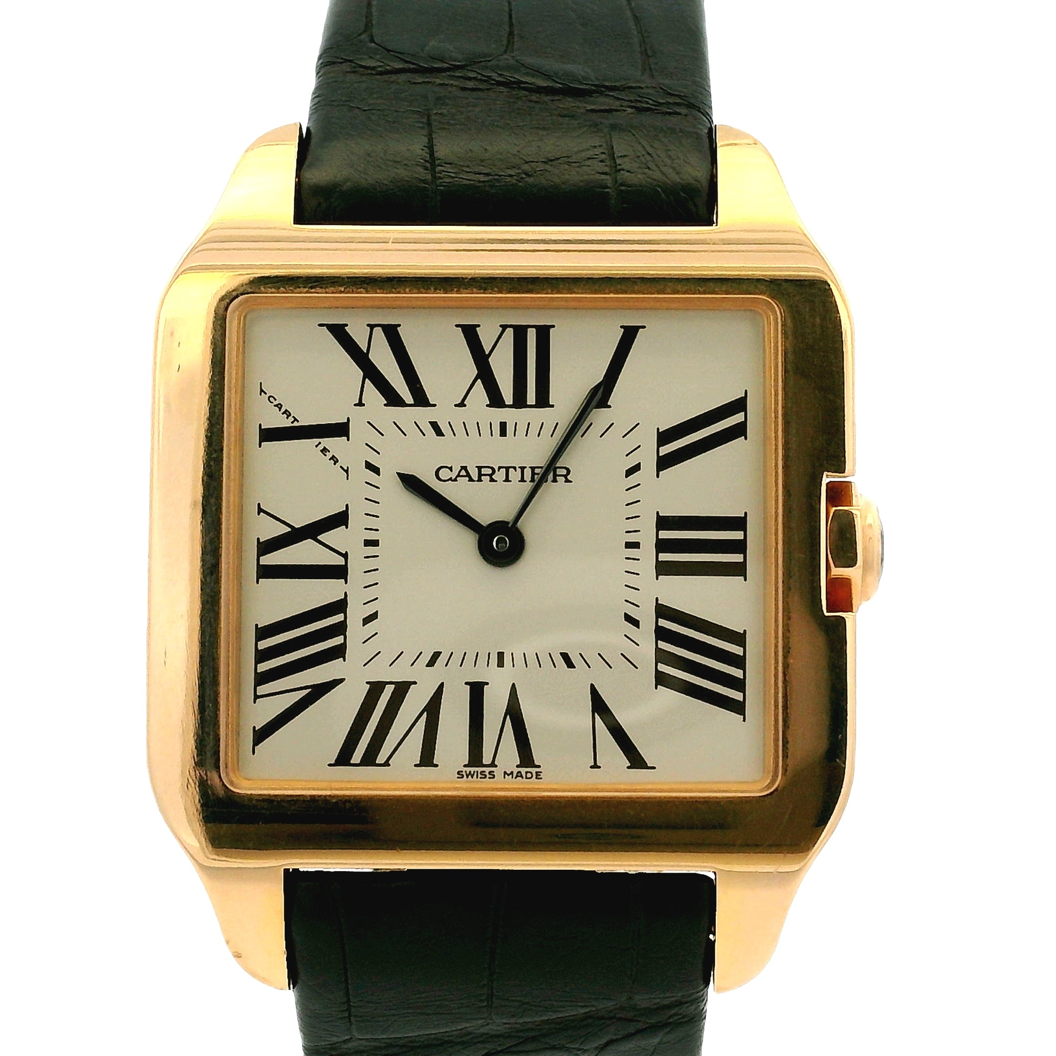 Cartier Santos Dumont 18k Rose Gold Quartz Roman Dial on Black Leather Band Watch