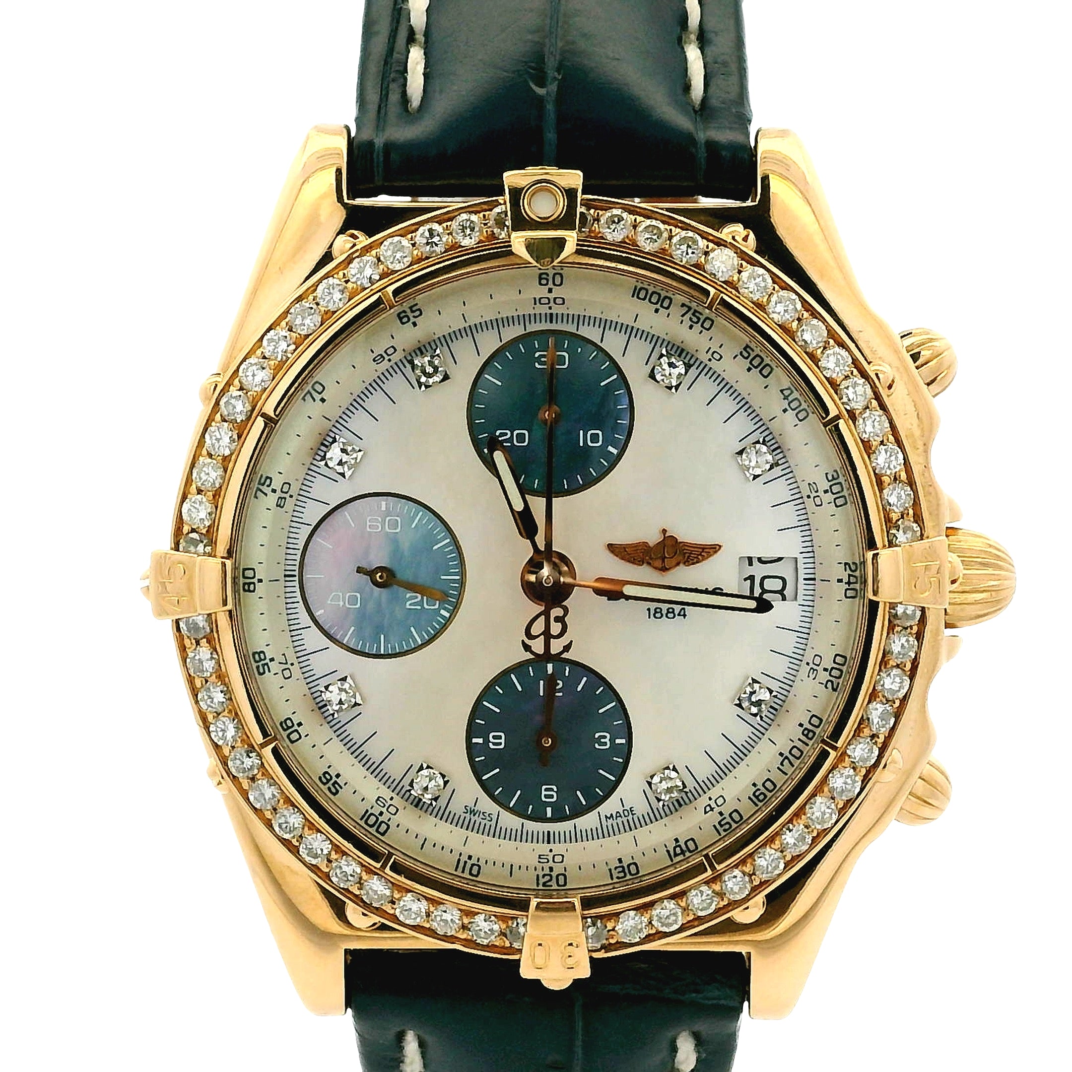 Breitling Chronomat 18k Yellow Gold Mother of Pearl Dial and Diamond Bezel Watch