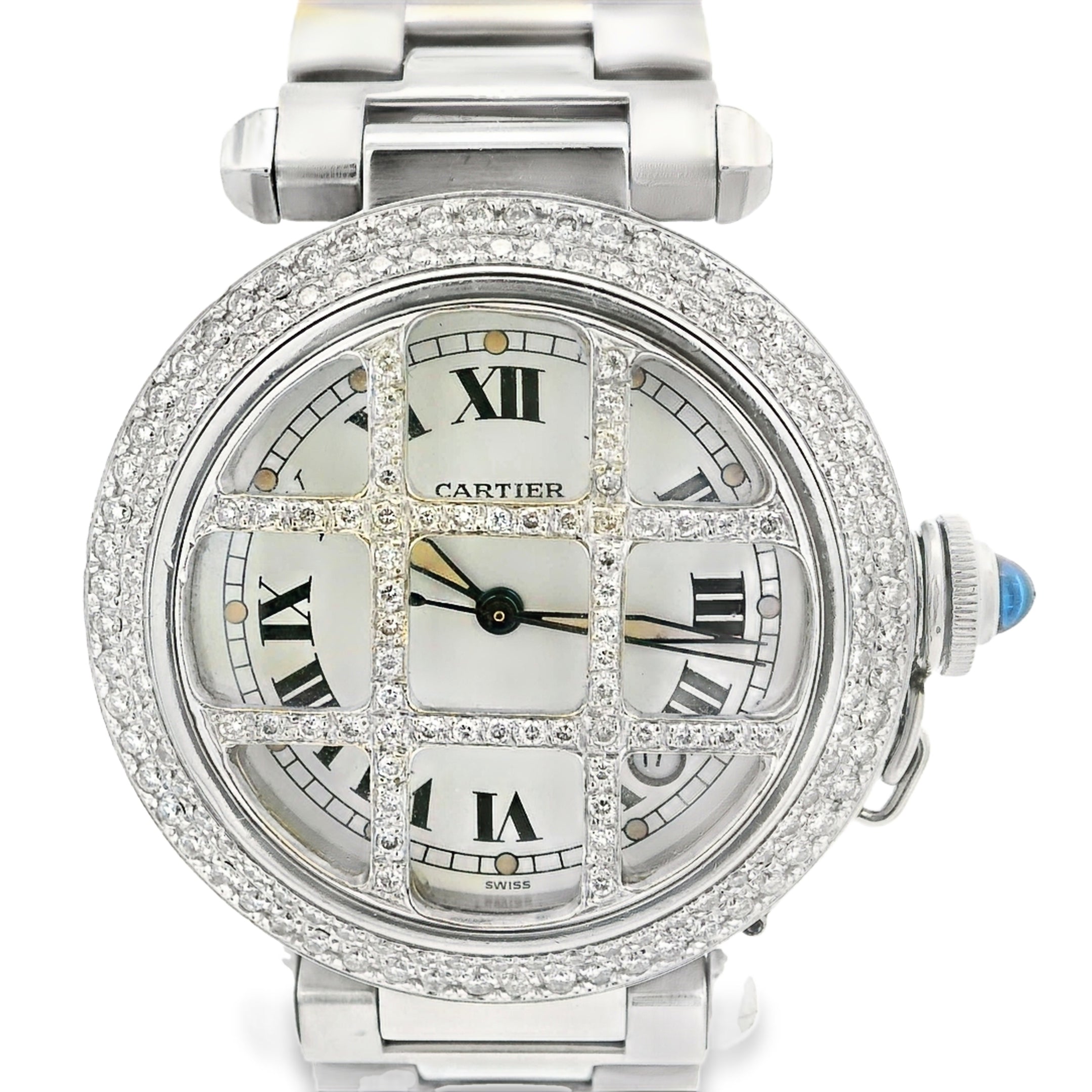 Cartier Pasha 38mm Stainless Steel Watch with Aftermarket Diamonds Roman Dial