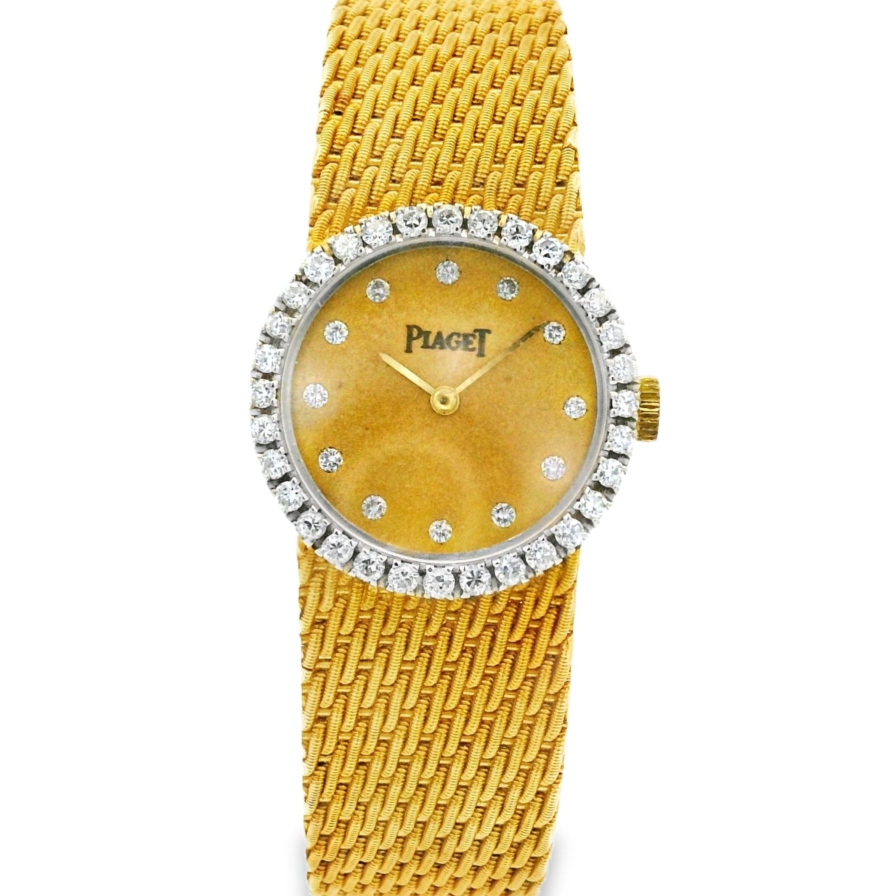 Gold watch with diamond-studded bezel on a white background