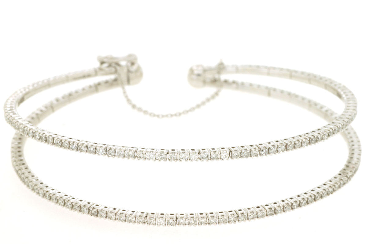 14k White Gold 2.0ctw Round Brilliant Diamond Double Bangle With Chain Clasp